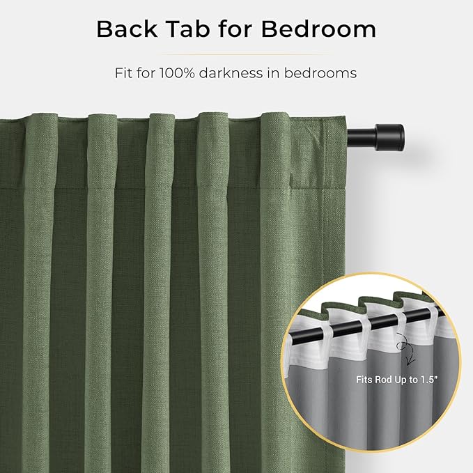 INOVADAY 100% Blackout Curtains for Bedroom, Black Out Curtains 80 Inch Long, Clip Rings Linen Blackout Drapes, Thermal Insulated Room Darkening for Living Room, 2 Panels - Moss Green, W50xL80