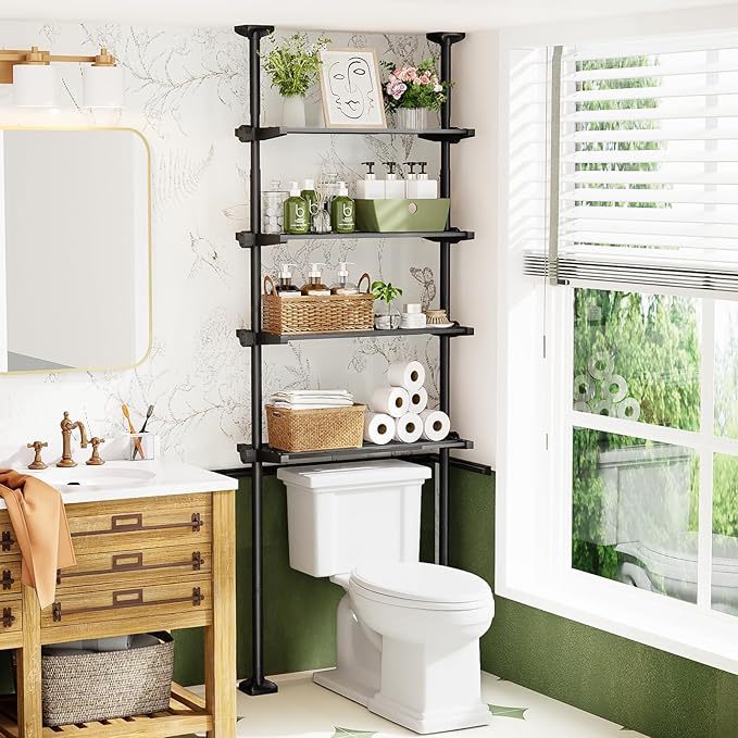 No-Drill Over Toilet Storage Shelf - 4-Tier Adjustable Bathroom Organizer
