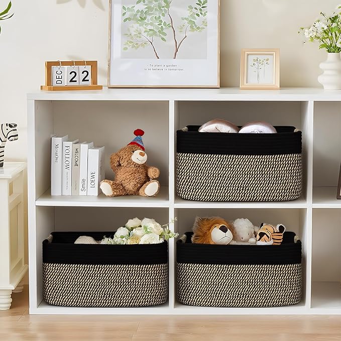 4 Pack Large Storage Basket for Organizing, 17.5"x13"x7" Woven Basket for Shelves, Closet Cube Storage Bins with Wrapped Handle, Cotton Rope Baskets for Kitchen, Clothes, Toys(Black & Brown)