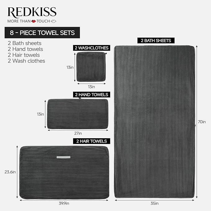 REDKISS Charcoal Gray Bath Towels Set 8 Piece - Microfiber Bathroom Towels of 8 Large, Highly Absorbent Bath Towel, Soft Shower Towel for Bathroom, 2 Bath Sheet 2 Hand 2 Washcloths 2 Hair Towel Wrap