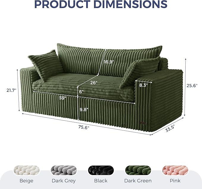 MAXYOYO 76" Bean Bag Sofa Couch, Loveseat Boneless Couch in a Box, Upholstered Small Mini Sofa for Living Room Bedroom Office Apartment, No Assembly, Green