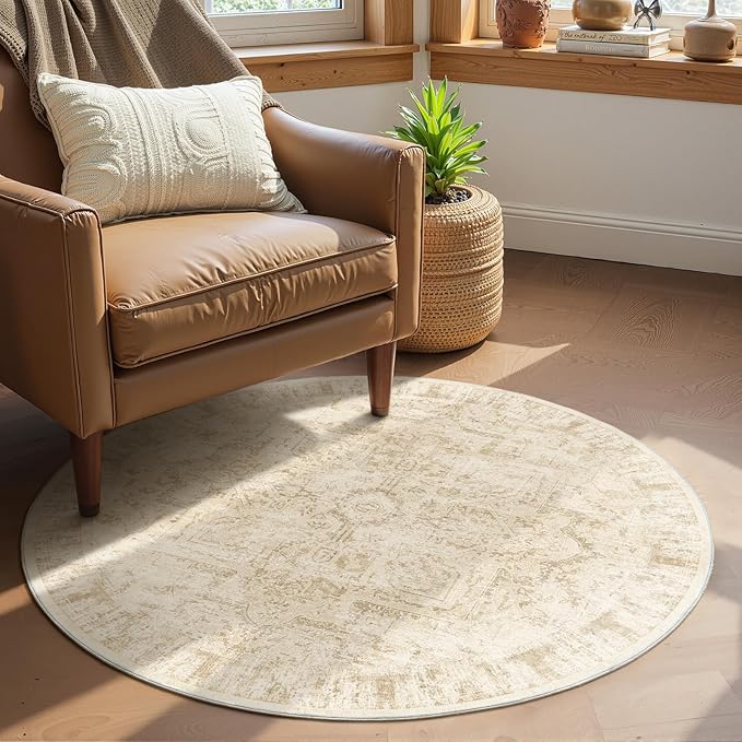 Beige Round Rugs 4ft, Low Pile Thin Washable Non Slip Small Circle Rug for Entryway Kitchen Dining Room, Tranditional Medallion Distressed Neutral Round Carpet for Bedroom Living Room