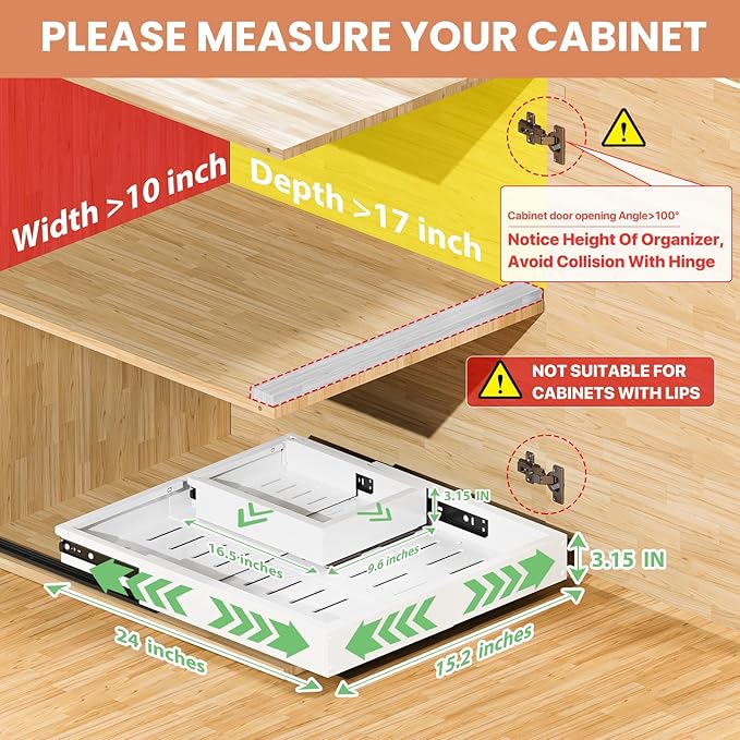 2 Pack Pull out Cabinet Organizer, Width (10"-16") Depth (17"-25"), with 3 Rails Adjustable Slide, Expandable Pullout Drawers for Cabinets, No Drill Adhesive Kitchen Drawers for Pantry Shelves
