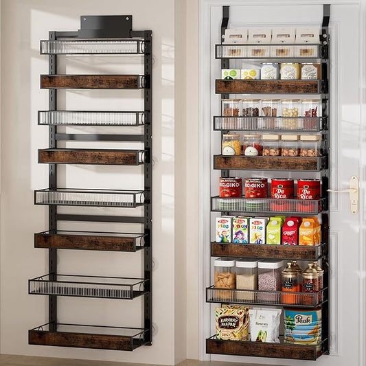 8 Tier Over the Door Pantry Organizer 2 IN 1 Hanging or Wall Mounted Spice Rack with Adjustable Basket,Heavy Duty Seasonning Storage Shelf for Kitchen Pantry and Bathroom