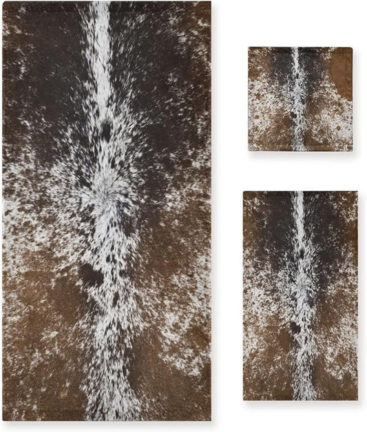 Western Cow Print Bath Towels Set,Absorbent Soft 3 Piece Brown Farm Cowhide Animal Fur Pattern Towels for Bathroom,1 Bath Towel 1 Hand Towel 1 Washcloth,Quick Dry Decoractive Bathroom Towels