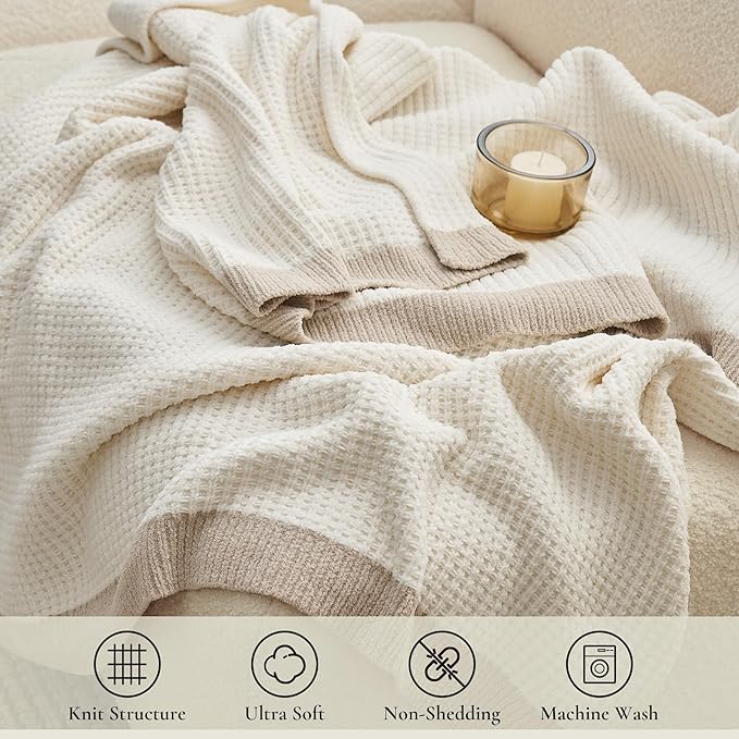 Amélie Home Chenille Throw Blanket, Soft Cozy Waffle Throw for Couch & Sofa, Warm Yet Lightweight, Breathable All-Season Throws for Women Men, Housewarming, Birthdays, 60"x80", Ivory