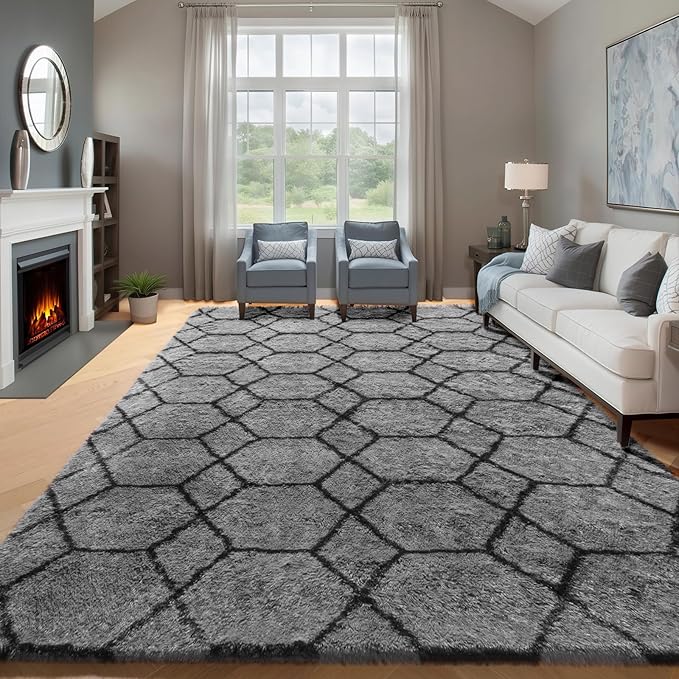 ONASAR Rugs for Living Room, Fluffy Soft 5x8 Grey and Black Geometric Area Rug for Bedroom, Shaggy Fuzzy Plush Moroccan Floor Carpet for Kids Boys Girls Teen Nursery Dorm Office Home Decor Aesthetic