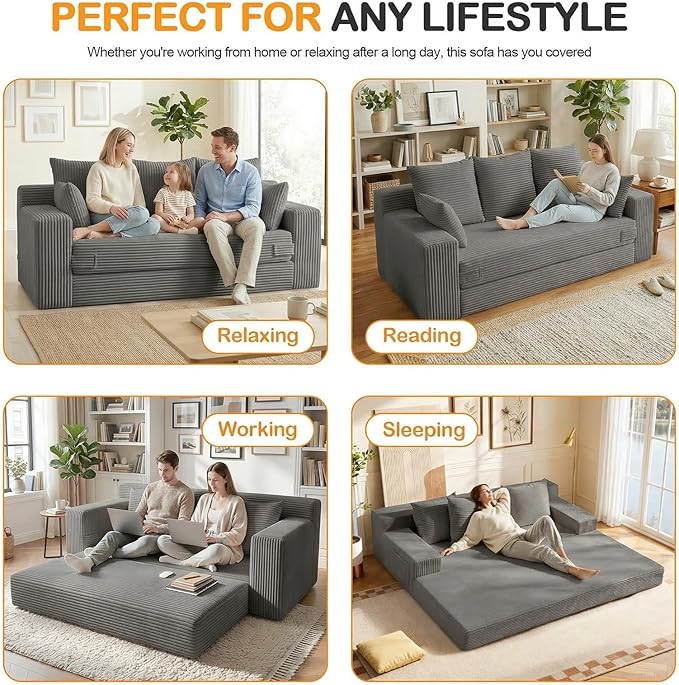 Oversize Loveseat Boneless Convertible Sofa Bed, Folding Floor Futon Sleeper Sofa Queen Size Couch Bed- Boneless Foldable Couch, Corduroy Pull Out Sofa Bed with 5 Pillows for Living Room & Bedroom