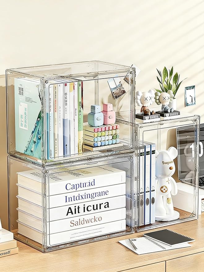 XXX-Large Clear Stackable Acrylic Display With Lid & Magnetic Door - 2-Tier Adjustable Shoe Box Case 11.8'' X 9.8'' X 15.7''Organizer For Boot, Sneakers, Collectibles, Figures, Purses | 3-Pack