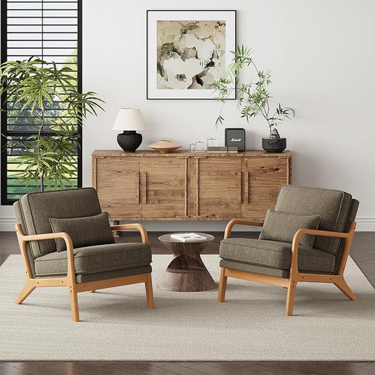 Accent Chair Set of 2 with Solid Wood Frame, Mid-Century Relaxing Armchair Lumbar Pillow& Soft Cushion, Reading Leisure Chair for Living Room, Bedroom, Waiting Room-Green