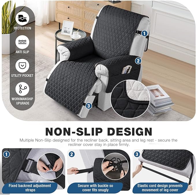 TAOCOCO 100% Waterproof Recliner Cover - Recliner Cover with Non-Slip Granule, Recliner Chair Covers with Elastic Band, Recliner Chair Covers for Reclining Chair(Black, Oversized-30'')