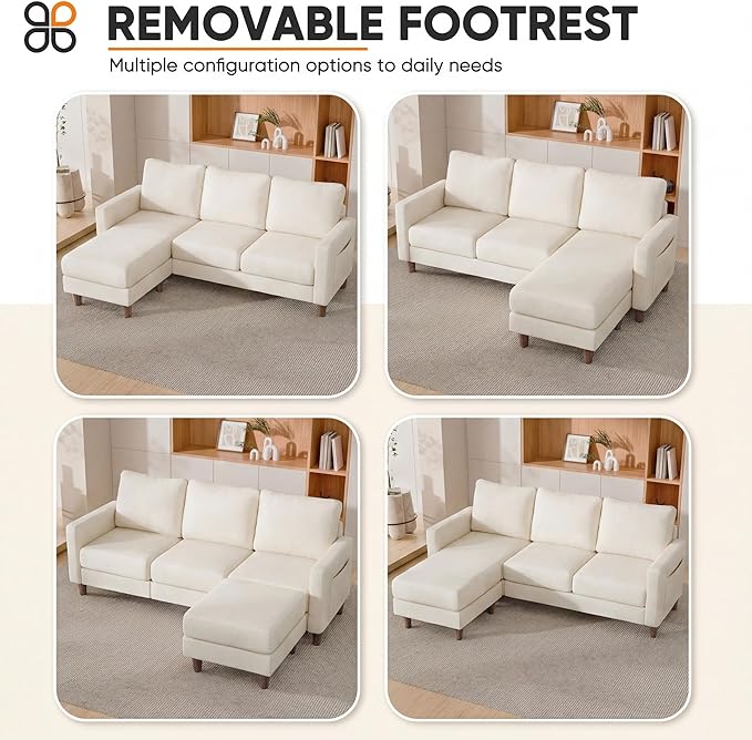 JUMMICO L Shape Sectional Sofa Couch, 3 Seat Convertible Sofa with Movable Ottoman and Side Storage Pockage, Modern Sofa Small Couches for Living Room & Apartment and Small Space (Linen, White)