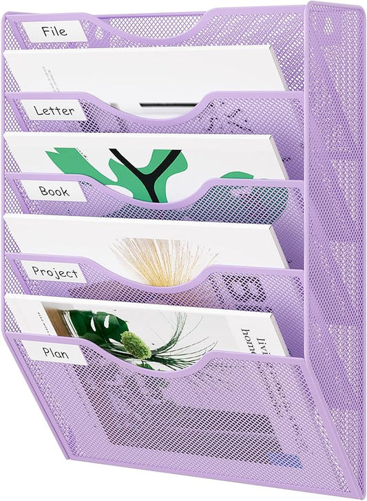 EasyPAG Wall File Organizer 5 Tier Hanging Paper Folder Holder, Zero Assembly Metal Mesh Wall Mounted Mail Organizer for Office Home Classroom Narrow Spaces, Puple