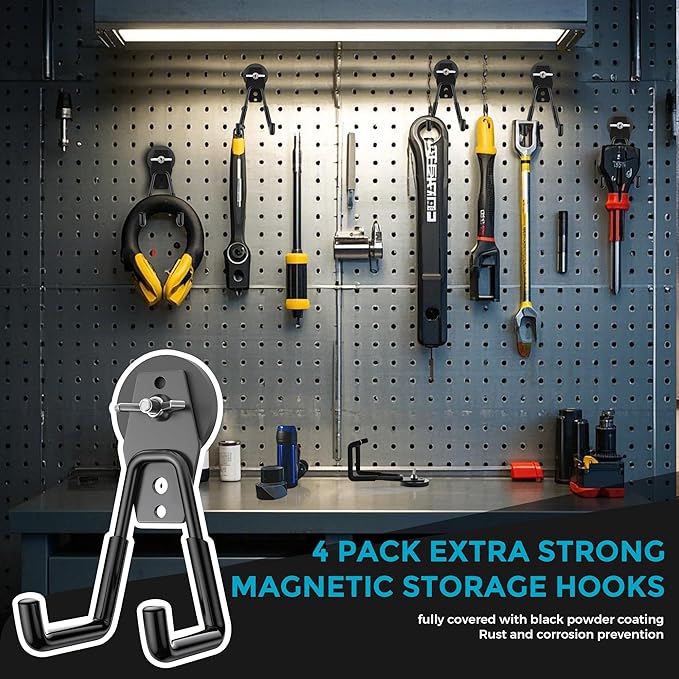 4 Pack Large Strong Magnetic Hooks Heavy Duty Garage Big Magnet Hooks Extra Strength Magnetic Utility Storage Hook Hanger with Anti Slip Coating for Garden Indoor Outdoor Hanging Tools Black