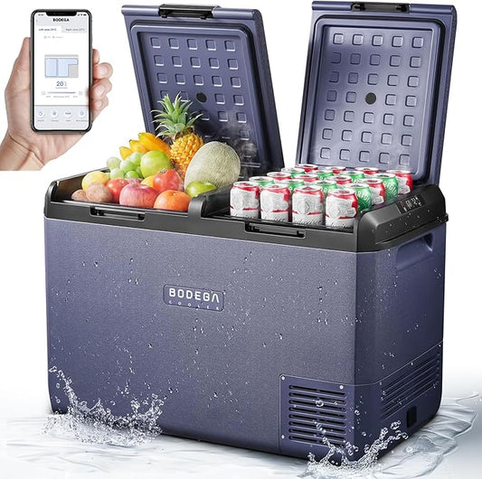 BODEGACOOLER 12 Volt Refrigerator, 100QT(95L) IPX4 Waterproof Electric Cooler, Car Fridge Dual Zone APP Control with 12/24V DC 110-240V AC, -4℉~68℉, Portable Freezer for Camping,Travel,RV,Road Trips