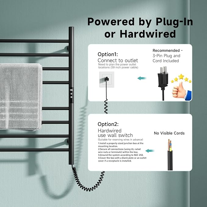 Wall Towel Warmer Rack for Bathroom - 8 bar Heated Towel Rack Timer and LED Indicator for Bathroom, Wall Mounted Electric Towel Rack, Aluminum Alloy Matte Black, Plug-in