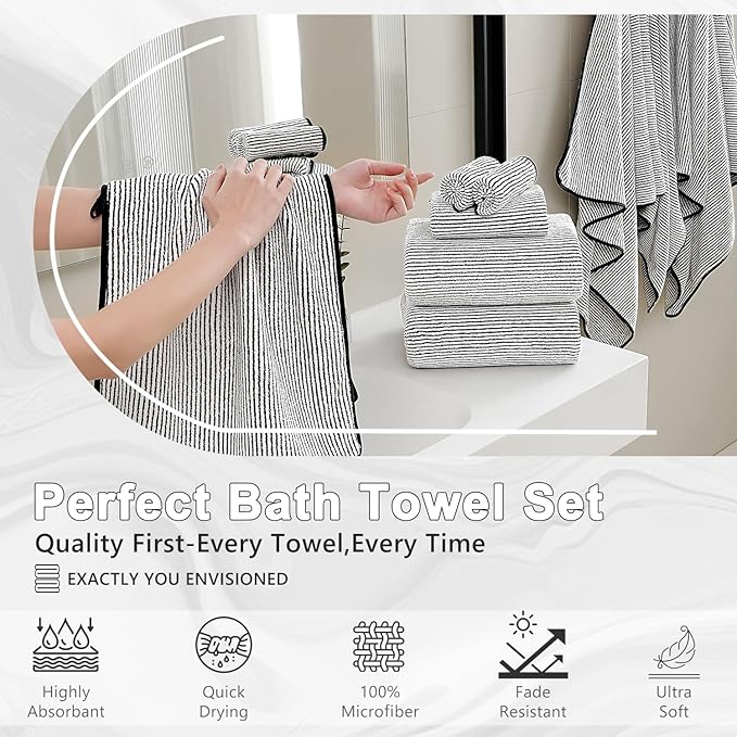 8-Piece Premium Towel Set for Bathroom|2 Oversized Large Bath Sheet 35”x70”,2 Hand Towels,4 Washcloths|Soft Cozy Absorbent Fast Dry Polyester Shower Towel Set for Hotel Bathroom Essentials,Black White