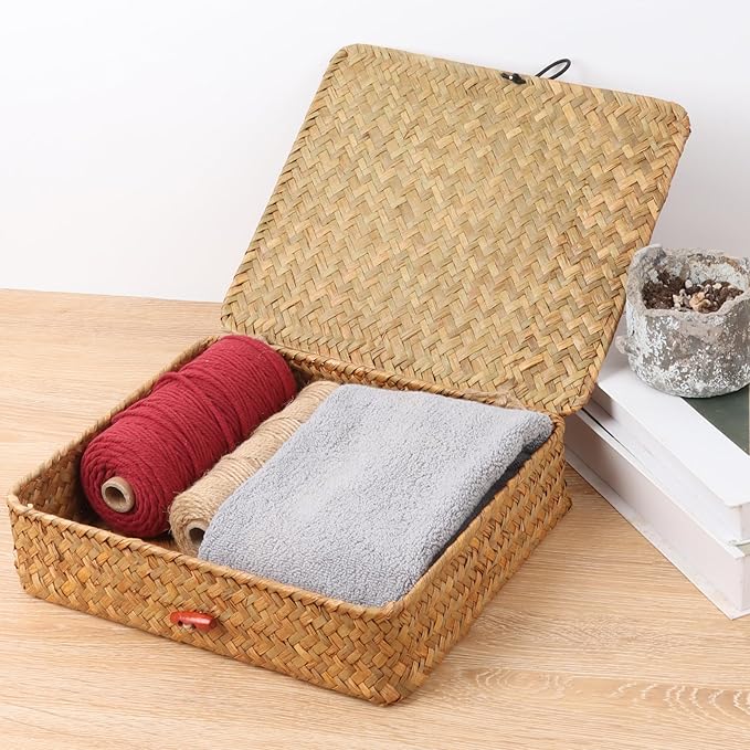 Flat Wicker Shelf Baskets with Lid, Seagrass Woven Basket Boxes for Storage Basket Bins Multipurpose Home Decor Organizer (Natural Small)
