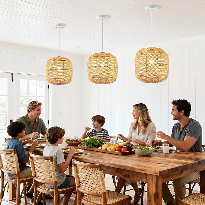 Hand-Woven Rattan Pendant Light, 11in Rattan Chandelier Boho Wicker Hanging Lighting Fixture Coastal Pendant Lights for Kitchen Island Dining Room Bedroom Foyer Entrance
