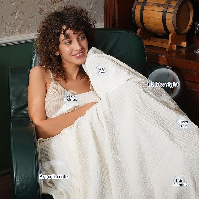PHF Lightweight Waffle Weave Throw Blanket 50"x 60", Soft Woven Summer Blanket for Hot Sleepers - Aesthetic Home Decor for Couch Bed Sofa, Pet Friendly, Cream