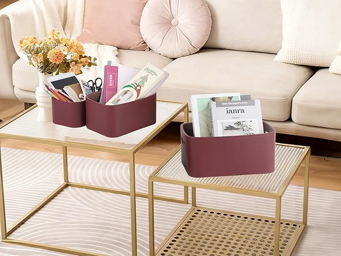 HofferRuffer Faux Leather Storage Baskets Bins with Velvet Lining for Organizing, Storage, Gifts, Set of 3 Nesting Shelf Baskets Decorative Storage Boxes for Home Organization (Dark Red)