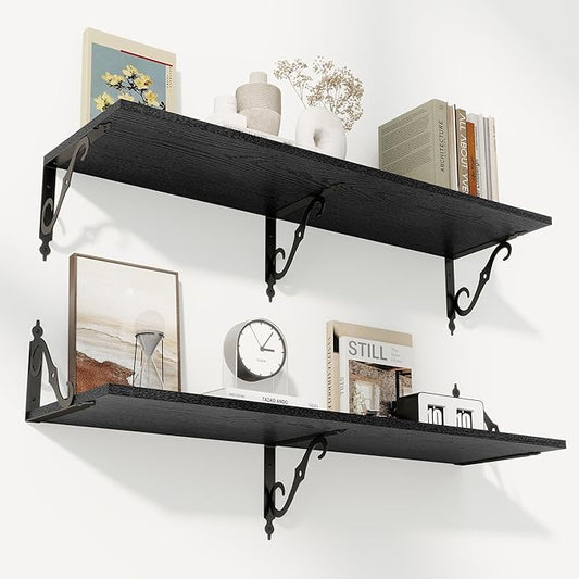 RICHFOCUS 12 Inch Deep Floating Shelves for Wall, 39" W x 12" D Black Wood Wall Shelves Set of 2, Wide Floating Shelves for Living Room, Bedroom, Kitchen, Bathroom and Decor Storage, Black