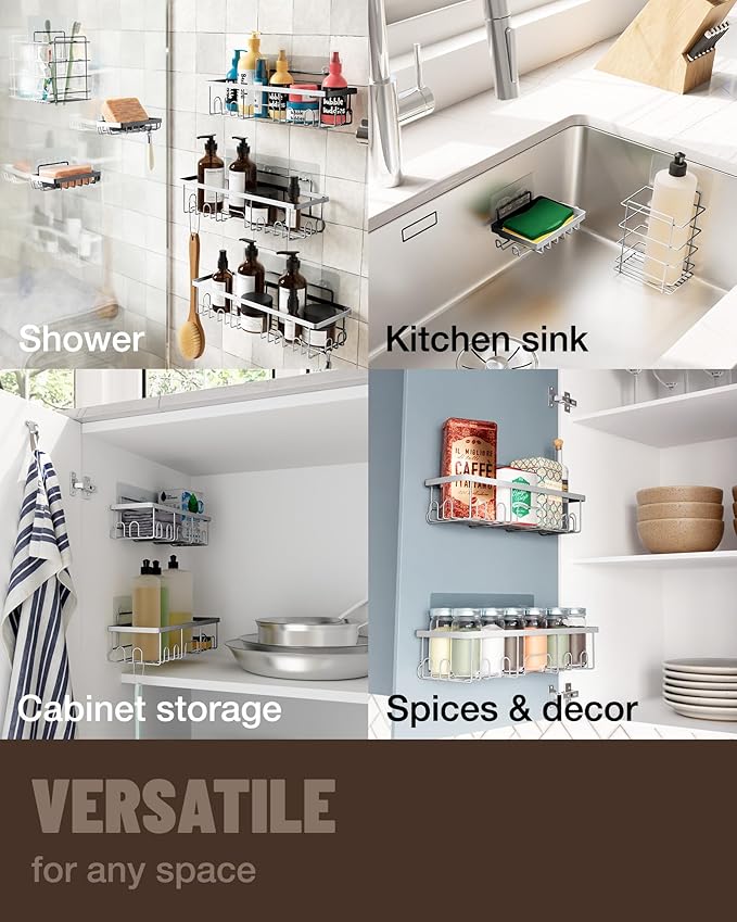 Veken Adhesive Shower Caddy 5-Pack,Heavy Weight Bearing,Large Wall Mounted Shower Shelves Rack,Organizer Storage Accessories with Soap Dish&Toothbrush Holder,Ideal for Bathroom,Home&Kitchen,Silver