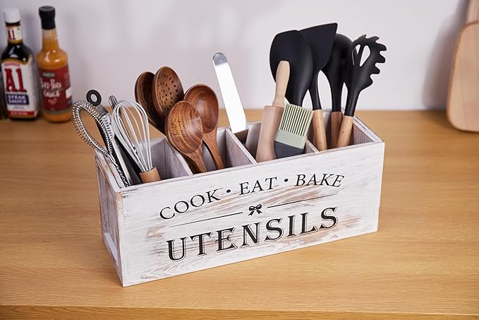 Utensil holder for Kitchen Counter Large Round Utensils Holder with Wooden Base Matte Black Cooking Utensil Holder，Kitchen countertop Utensil Organize (White-4 Compartments)