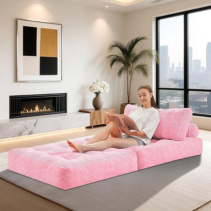 HABUTWAY Folding Sofa Bed, Convertible Sleeper Chair Bed w/Dual-Pillow & Handle, Foldable Floor Sofa Lounge w/Back Support for Living Room, Bedroom, Apartment, Office, Single, Pink