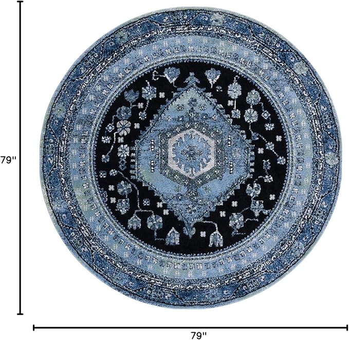 SAFAVIEH Vintage Hamadan Collection Area Rug - 6'7" Round, Light Blue & Black, Traditional Oriental Design, Non-Shedding & Easy Care, Ideal for High Traffic Areas in Living Room, Bedroom (VTH204J)
