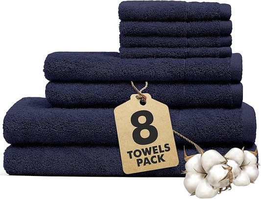 Bath Towels Set of 8 – 100% Cotton (Navy Blue) Bathroom Towel Set Bale Includes 2 Bath, 2 Hand, 4 Face Towels – Soft, Absorbent & Quick Dry Towel for Bathroom, Spa, Kitchen, Hotel Use