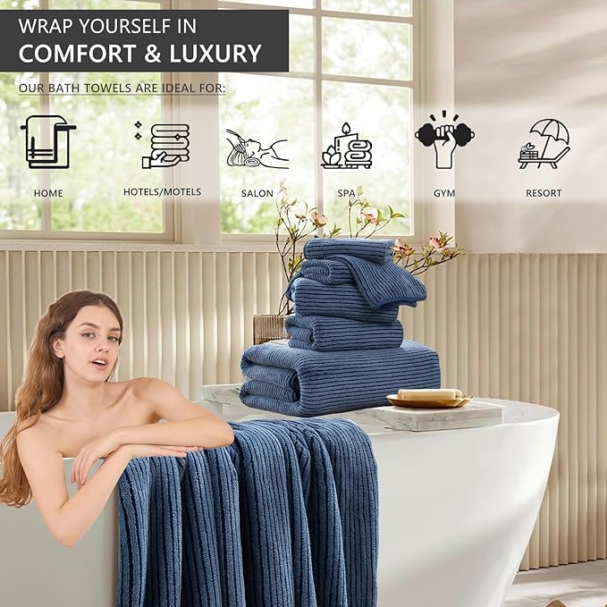 8-Piece Premium Towel Set for Bathroom|2 Oversized Large Bath Sheet,2 Hand Towels,4 Washcloths|Soft Cozy Highly Absorbent Fast Dry Microfiber Shower Towel Set for Hotel Bathroom Essentials,Navy Blue