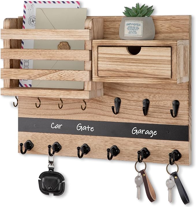 Nekon Key Holder Wall Mount, Rustic Mail and Keys Shelf for Wall Organization with 13 Hooks, Home Decor Accessory with Drawer, Wood