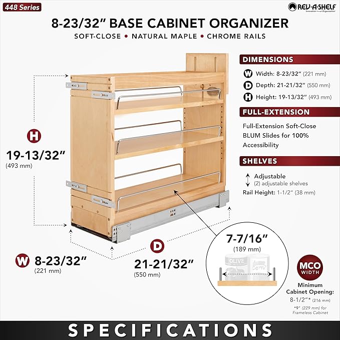 Rev-A-Shelf 8" Pullout Storage Organizer for Base Kitchen/Bathroom Cabinets, Spice Rack Pantry Shelves with Soft-Close Slides, Wood, 448-BDDSC-8C