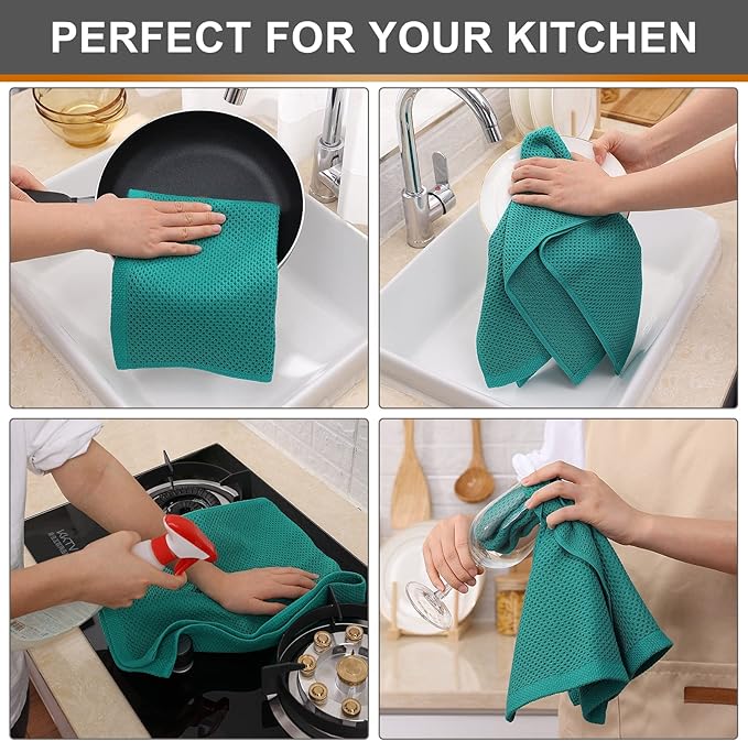 Kitinjoy 100% Cotton Waffle Weave Kitchen Hand Towels (13 X 28 Inches, Teal), 8-Pack Super Soft and Absorbent Dish Towel for Drying Dishes