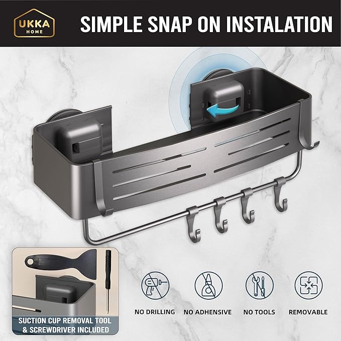 Suction Cup Square Shower Caddy with Hooks and Towel Bar for Bathroom. Aluminum, Reusable, Rustproof, No Drill, No Tools, No Glue. Multifunctional, Hang Towel, Loofah, Sponge (2 Pack, Gray)