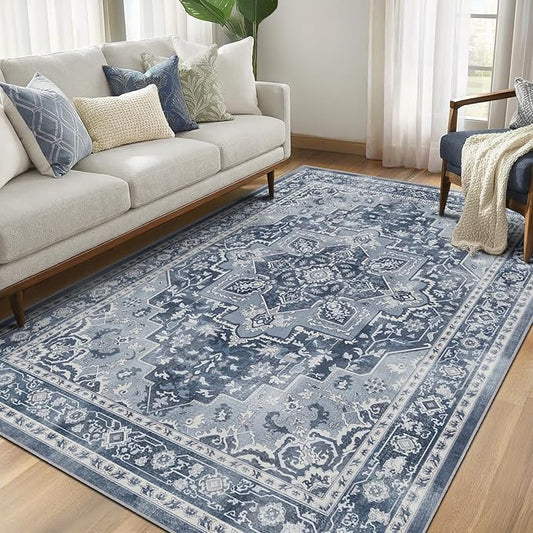 Blue Gray 5x7 Area Rugs for Living Room, Transitional Distressed Washable Non Slip Bedroom Rug, Modern Vintage Medallion Low Pile Thin Carpet Rugs for Den/Dining Room/Kitchen/Home Office