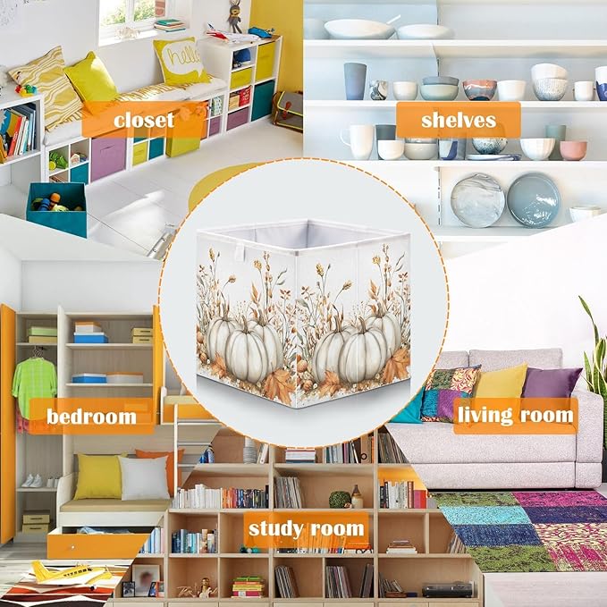 White Pumpkins and Fall Flowers Leaves Autumn Colors O Closet Organizers Storage Cubes Storage Bins Shelf Baskets Containers for Home Room Office,Square