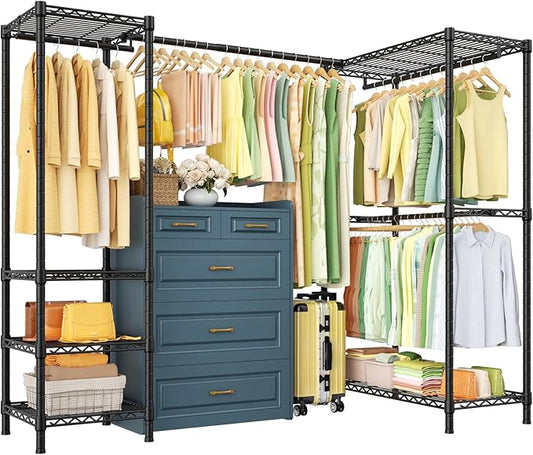 E10L L-Shaped Clothes Rack for Corner（With Expandable Hanger Rod）Heavy Duty Freestanding Clothing Racks for Hanging Clothes，Portable Garment Rack 58-82"W x 30"D x 72"H，Max Load 900LBS，Black