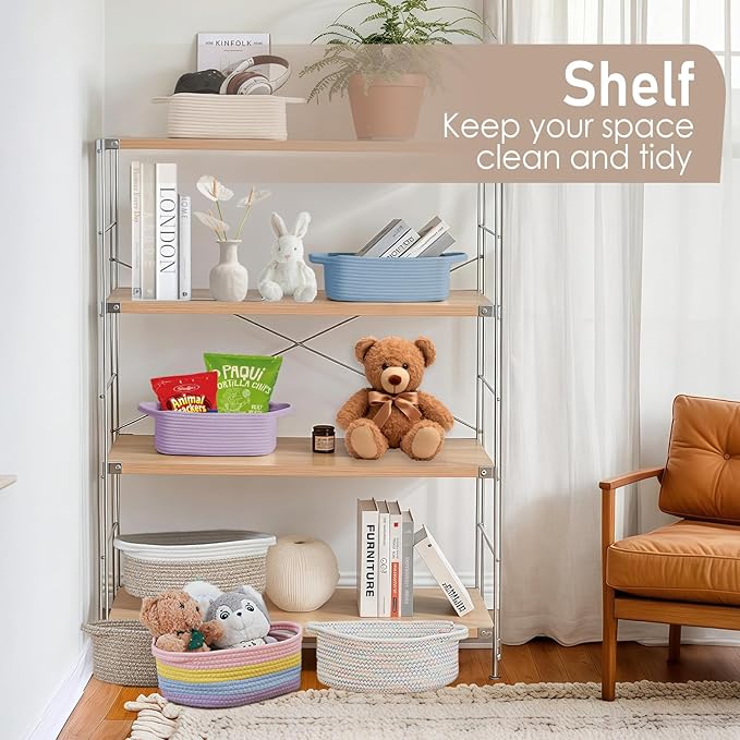 Woven Basket,Small Rope Storage Bin with Handles & Ribbon Bag, Organizer for Shelves Closets,Gift Basket Empty for Birthday,Books,Dog Toys, Colorful/2 Pack