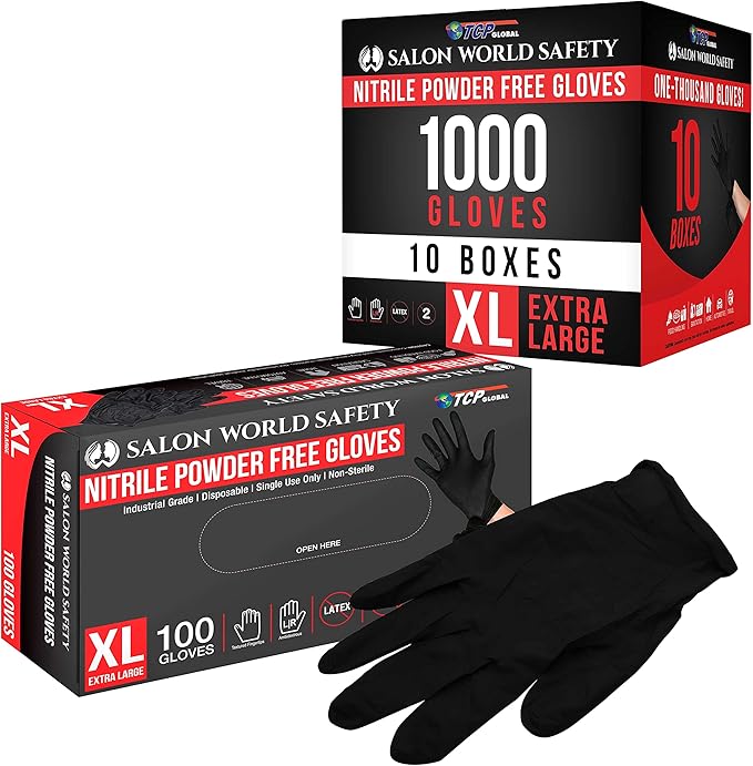 Salon World Safety Black Nitrile Disposable Gloves, Box of 100, Size X-Large, 5.0 Mil - Latex Free, Textured, Food Safe