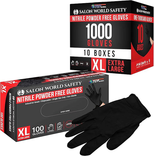 Salon World Safety Black Nitrile Disposable Gloves, Box of 100, Size X-Large, 5.0 Mil - Latex Free, Textured, Food Safe
