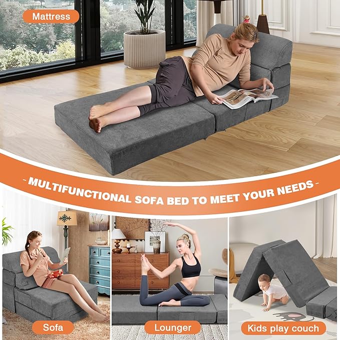 Comfy Foldable Sofa Bed - Folding Single Sofa Bed for Adults, Convertible Sleeper Sofa Fold Out Sleeper Chair Couch for Living Room Bedroom Guest, Floor Chair Lounger Mattress with Back Support