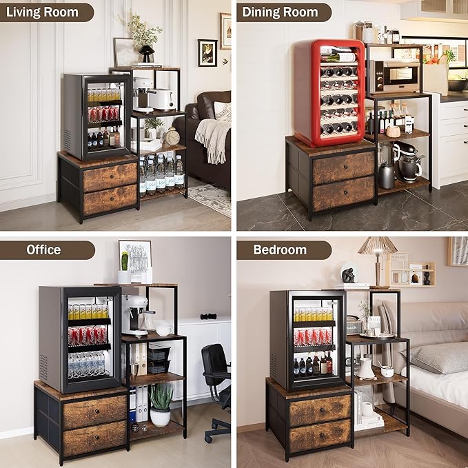 Mini Fridge Stand with Storage, Microwave and Mini Fridge Stand with Power Outlet, Coffee Bar, Kitchen Baker, for Dorm, Office(Brown)