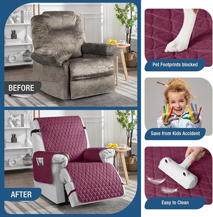 TAOCOCO 100% Waterproof Recliner Cover - Recliner Cover with Non-Slip Granule, Recliner Chair Covers with Elastic Band, Recliner Chair Covers for Reclining Chair(Wine, Small-22'')
