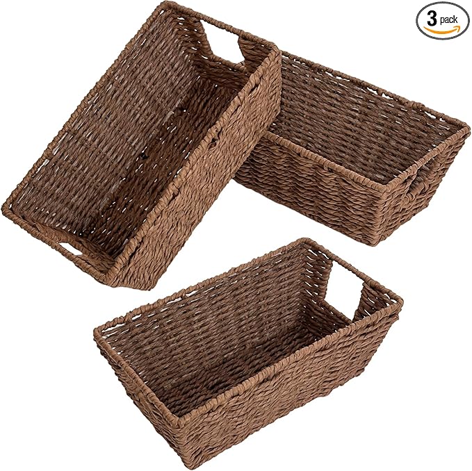 Paper Rope Storage Baskets for Shelves Organizing, Small Hand Woven Wicker Organizer Basket with Handle for Bathroom Toilet Paper Storage, Brown, 3-Pack