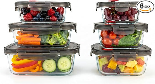 Borosilicate Glass Airtight Food Storage Containers with Vented Lids, Assorted Set of 6 (3 Rectangular & 3 Square)