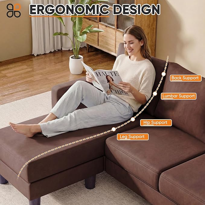 JUMMICO L Shape Sectional Sofa Couch, 3 Seat Convertible Sofa with Movable Ottoman and Side Storage Pockage, Modern Sofa Small Couches for Living Room & Apartment and Small Space (Linen, Brown)