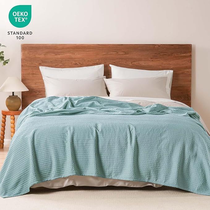 PHF Lightweight Waffle Weave Blanket Queen Size 90"x 90", Soft Woven Summer Blanket for Hot Sleepers - Aesthetic Home Decor for Couch Bed Sofa, Pet Friendly, Dusty Blue