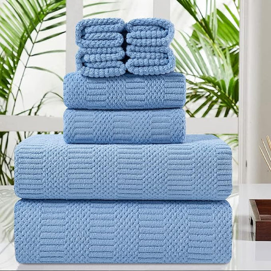 8 Piece Oversized Blue Bath Towel Set-2 Extra Large Bath Towel Sheets,2 Hand Towels,4 Washcloths-600GSM Soft Highly Absorbent Quick Dry Beach Chair Towels Woven Towels for Bathroom Hotel and Spa